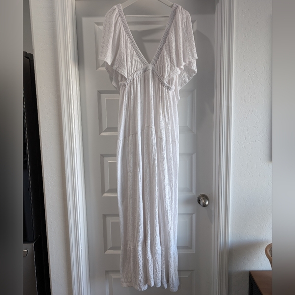 Free People Beach La La Maxi Dress V Neck Gauze Tiered Flutter Sleeve White L - Picture 7 of 16